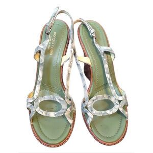 Sergio Rossi Y2K Green Patterned Leather Brown Wood-Look Heel Wedges SZ 39/ 8.5